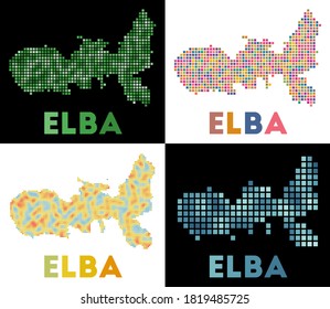 Elba map. Collection of maps of Elba in dotted style. Borders of the island filled with rectangles for your design. Vector illustration.
