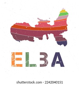 Elba map design. Shape of the island with beautiful geometric waves and grunge texture. Elegant vector illustration.