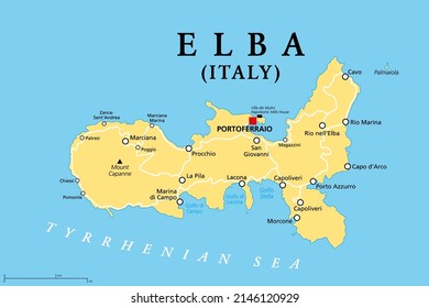 Elba, political map, Mediterranean island in Tuscany, Italy, with capital Portoferraio. Located in the Tyrrhenian Sea and largest island in the Tuscan Archipelago. Site of the first exile of Napoleon.