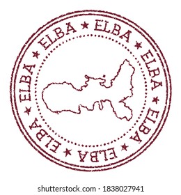 Elba round rubber stamp with island map. Vintage red passport stamp with circular text and stars, vector illustration.