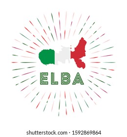 Elba sunburst badge. The island sign with map of Elba with Italian flag. Colorful rays around the logo. Vector illustration.