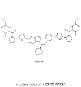 Elbasvir flache skelettale Molekularstruktur Proteasehemmer antivral, NS5A Arzneimittel zur Behandlung von Hepatitis C. Wissenschaftliches Diagramm Vektorgrafik.