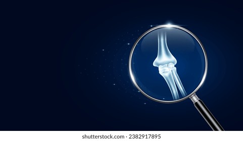 Elbow bone inside magnifying glass with scan search and blue glowing neon heart pulse. Health care and medical check up too innovative digital technology. Body health checkup examining organ. Vector