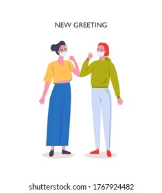 Elbow bump. Characters wearing medical face mask and safe greeting hit elbows. New normal lifestyle. Protect from COVID-19 coronavirus outbreak spreading concept. Flat vector illustration