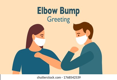 Elbow bump concept. Man and woman hit elbow for greeting. Safe greeting to prevent Covid-19 coronavirus influenza infection vector illustration. New normal greeting method.