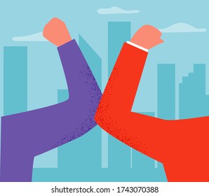 Elbow bump. Greeting to avoid the spread of coronavirus. Two men friends meet in a street with bare hands. Instead of greeting with a hug or handshake, they bump elbows instead. Vector illustration