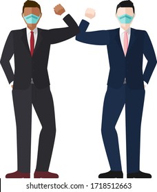 Elbow bump greeting concept vector of two well dressed businessmen wearing masks with copy space for COVID-19 coronavirus prevention