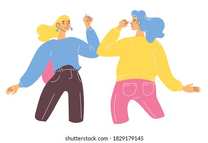 Elbow bump greetingconcept illustration. Two young women without protective face masks isolated on white