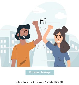 Elbow bump. Men and women use arms to greet each other. New greetings to avoid spreading the virus instead of touching the body. Vector flat design illustrations.