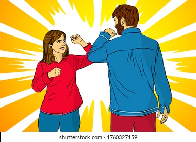 Elbow bump. New greeting instead a handshake or hug to avoid the spread of a virus. A man and a woman meet. - comic book style, cartoon vector illustration.