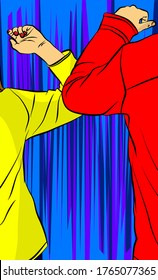 Elbow bump. New greeting instead a handshake or hug to avoid the spread of a virus. - comic book style, cartoon vector illustration.
