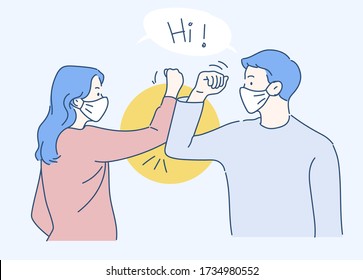 Elbow bump new normal greeting to avoid the spread of Coronavirus instead of greeting with hug or handshake. Hand drawn in thin line style, vector illustrations.