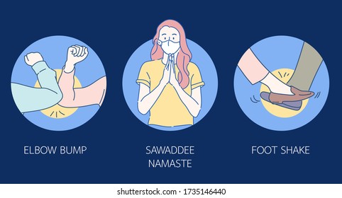 Elbow bump new normal greeting to avoid the spread of Coronavirus instead of greeting with hug or handshake. Hand drawn in thin line style, vector illustrations. 