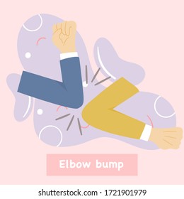 Elbow bump. New novel greeting to avoid the spread of coronavirus or Covid-19. Close up arms of the two businessmen greet each other by bumping elbows. Vector flat design illustrations.