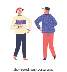 Elbow bump of two white male hipsters wearing bucket hat and peaked cap, vector illustration. Two men greeting each other with bump elbows in the new reality with social distancing rules