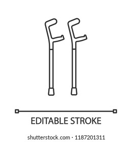 Elbow crutches linear icon. Mobility aid. Thin line illustration. Contour symbol. Vector isolated outline drawing. Editable stroke