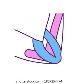 Elbow injury taping RGB color icon. Joints, tendons and ligaments support. Relieving soreness and tenderness. Tissues manipulation. Relaxing associated muscles. Isolated vector illustration