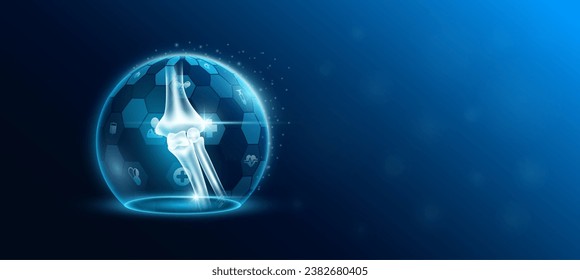 Elbow joint bone human organ inside transparent dome shield protection futuristic with medical icon. Technology innovation health care. Empty space for text. Medical science ads website banner. Vector