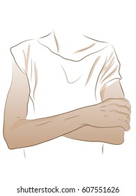 The elbow joint hurts. A woman holds on to her elbow, bruised her elbow. Color vector illustration on the theme of sore, medicine