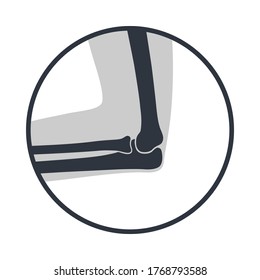 Elbow joint icon. Symbol human cubit joint in the circle isolated on white background. Bones of hand graphic sign. Flat design. Vector illustration