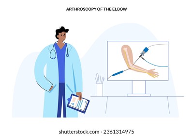 Elbow joint minimally invasive surgery. Arthroscopy medical procedure. Anatomy of humerus, ulna and radius bones. Arm pain, fracture, osteoarthritis or rheumatoid arthritis x ray vector illustration