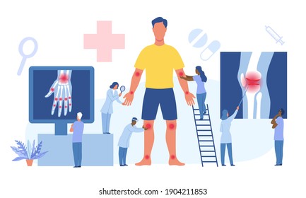 Elbow, knee, ankle arthritis concept. Man patient suffering from joint pain. Tiny doctors examining xray pictures of joints in doctor office. Osteoarthritis, rheumatoid arthritis. Vector illustration