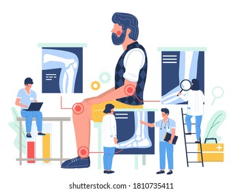 Elbow, knee and ankle arthritis. Man patient suffering from joint pain, flat vector illustration. Tiny doctors examining xray pictures of joints in doctor office. Osteoarthritis, rheumatoid arthritis.