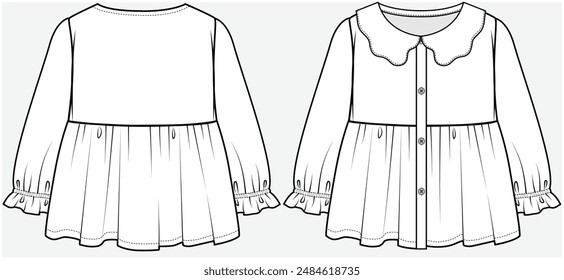 ELBOW LENGTH SLEEVES WOVEN TOP WITH CUT OUT FLORAL COLLAR DETAIL DESIGNED FOR TEEN GIRLS AND KID GIRLS IN VECTOR FILE