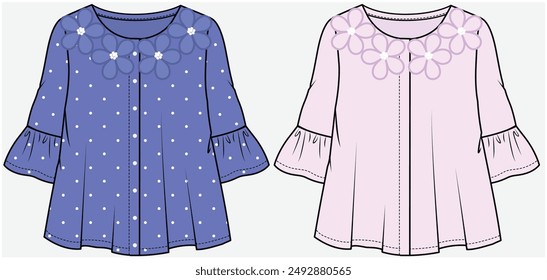 ELBOW LENGTH SLEEVES WOVEN TOP WITH CUT OUT FLORAL COLLAR DETAIL DESIGNED FOR TEEN GIRLS AND KID GIRLS IN VECTOR