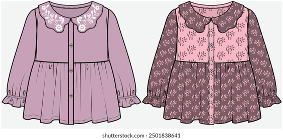 ELBOW LENGTH SLEEVES WOVEN TOP WITH CUT OUT FLORAL COLLAR DETAIL DESIGNED FOR TEEN GIRLS AND KID GIRLS IN VECTOR FILE