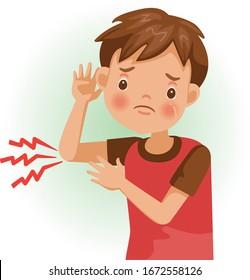 Elbow pain or sore. The boy is sick, Sick person and feeling bad. Cartoons showing negative gestures and feelings. The child is a patient. Cartoon vector illustration.