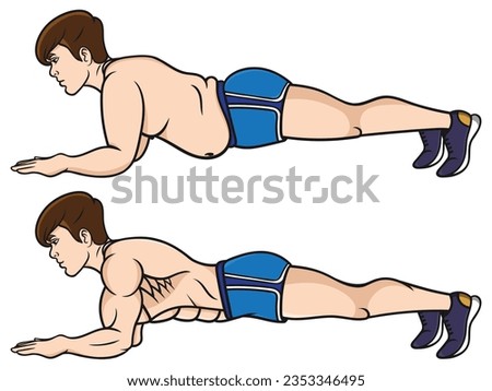 Elbow plank before after, Home workout exercises, Man doing Elbow plank exercise, Before and After Weight Loss, Muscular and fat man, Elbow plank Vector, Bodybuilding muscle before after,