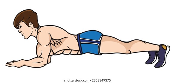 Elbow plank, Home workout exercises, Man doing Elbow plank exercise, Muscular man, exercise, Man in elbow plank, Gym exercises, Side elbow view, Vector illustration,