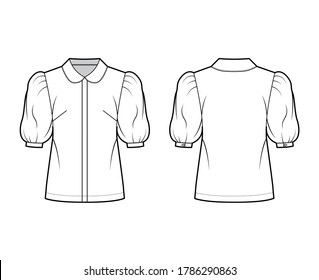 Ilustración técnica de la camisa de manga del puño del codo con collarín redondo, fijación del botón delantero, silueta suelta. Plantilla de la ropa de blusa plana delantera, color blanco trasero. Mujeres maquillaje de ropa CAD para diseñadora