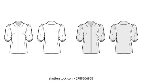 Elbow puff sleeve shirt technical fashion illustration with round collar, front button-fastening, loose silhouette. Flat blouse apparel template front back white grey color. Women, men unisex top CAD