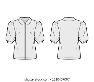 Elbow puff sleeve shirt technical fashion illustration with round collar, front button-fastening, loose silhouette. Flat blouse apparel template front back grey color. Women, men unisex top CAD mockup