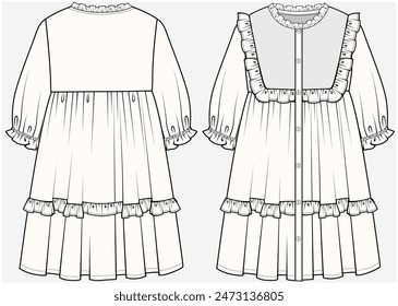 ELLENBOGEN PUFF SLEEVES TIERED DRESS MIT FRILL LÄTZCHEN JOCH DETAIL DESIGNED FOR TEEN AND KID GIRLS IN VEKTORILLUSTRATION FILE