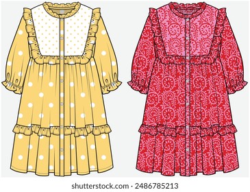 ELBOW PUFF SLEEVES TIERED DRESS WITH FRILL BIB YOKE DETAIL DESIGNED FOR TEEN AND KID GIRLS IN VECTOR ILLUSTRATION FILE