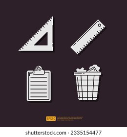 Elbow ruler, line ruler, clipboard document, paper trash bin. School or office stationery glyph icon set. Vector Collection Illustration