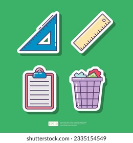 Regla de codo, regla de línea, documento del portapapeles, papelera de papel. Juego de iconos de pegatinas de papelería de escuela u oficina. Ilustración de colección de vectores