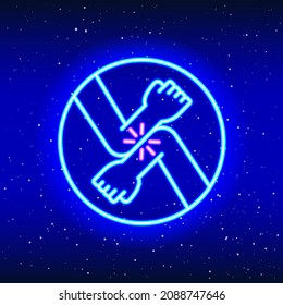 Elbow salute. Neon luminous elbow to elbow salute design. Linear pandemic contact design. Glowing neon elbow salute sign in space. Unique and realistic neon icon. Linear icon on blue background.