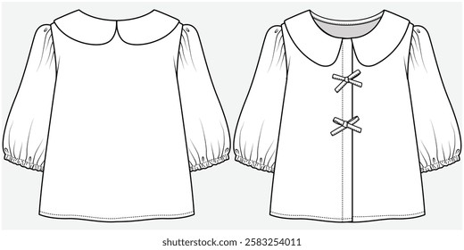 ELBOW SLEEVES WOVEN TOP WITH PETER PAN COLLAR AND CUTE BOW DETAIL DESIGNED FOR TEEN AND KID GIRLS IN VECTOR ILLUSTRATION FILE