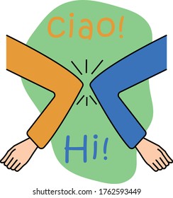 Elbows Bump. Alternative handshake concept for social distancing and health care.  Hand-drawn in thin lines style, vector illustrations
