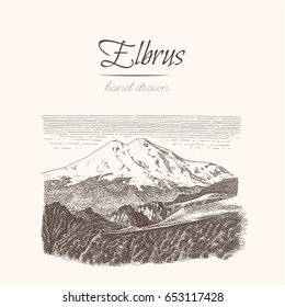 Elbrus. Alps. Sketch of a mountains, engraving style, hand drawn vector illustration