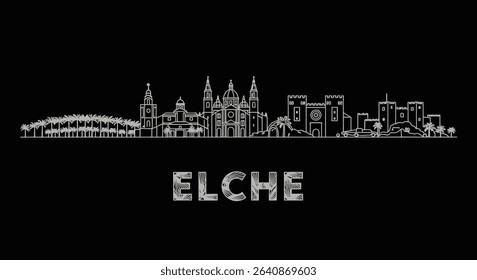 Elche City Skyline with Spain Vector Outline.