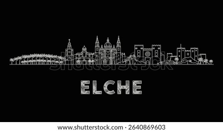 Elche City Skyline with Spain Vector Outline.