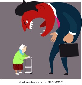 Elder abuse: a monster man yelling at an old lady, EPS 8 vector illustration