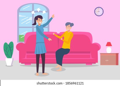 Elder Abuse vector concept: Young woman hitting old grandmother while crying on the sofa at home
