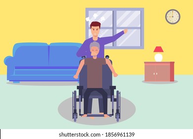 Elder Abuse vector concept: Young man covering mouth of old man with his hand while sitting on the wheelchair