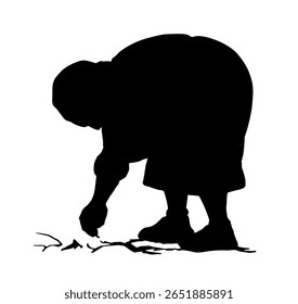 Elder age poor Jew Muslim Arab man hold pot bowl bag arm take up bean meal isolate rustic spring grow job. Hand drawn retro Jewish biblic art sad tired east Asian Israel white slave lady bow put corn